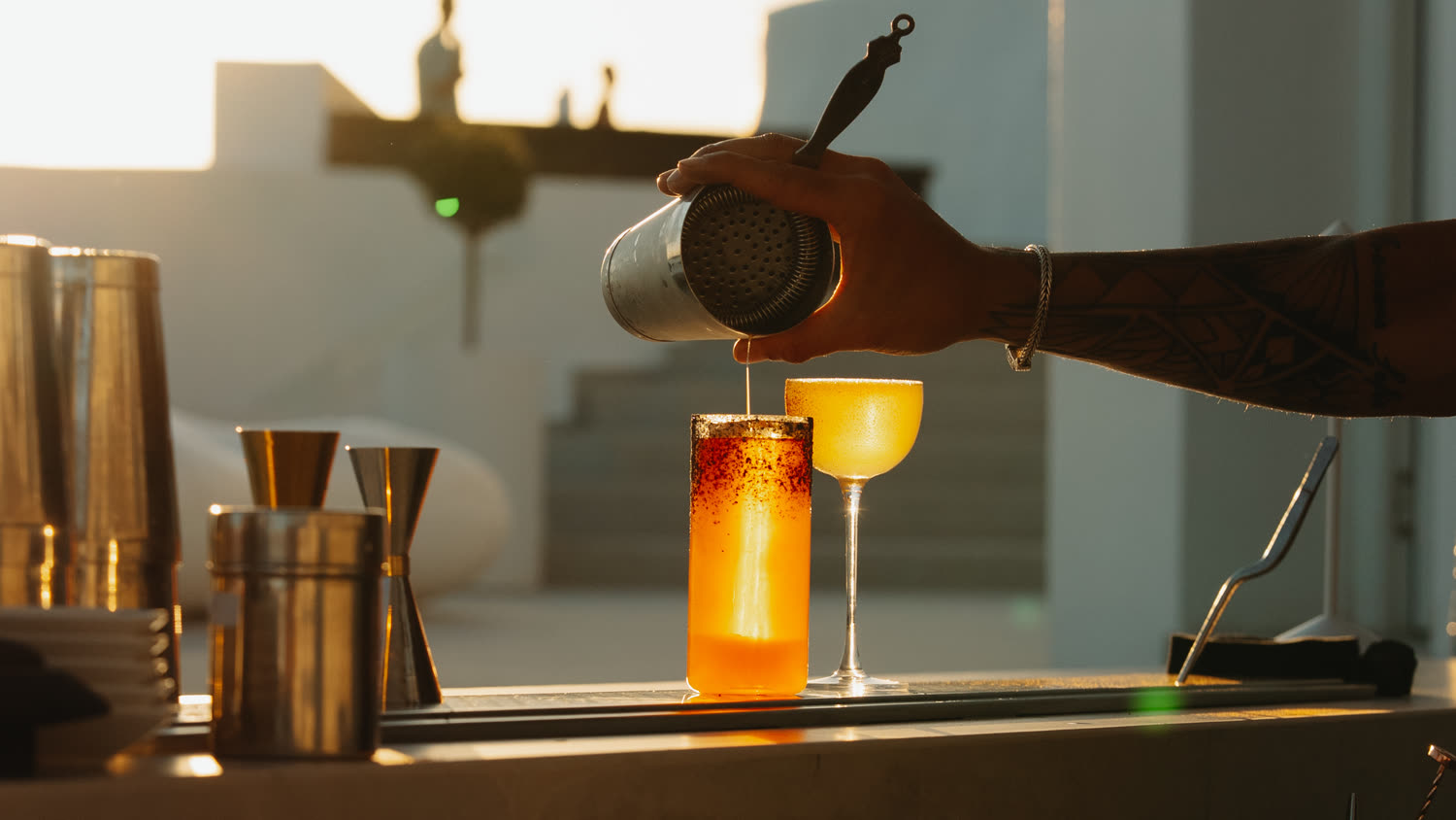 Curated Cocktails at Saint Sky Bar — the sunset sky bar above the caldera in Oia, Santorini